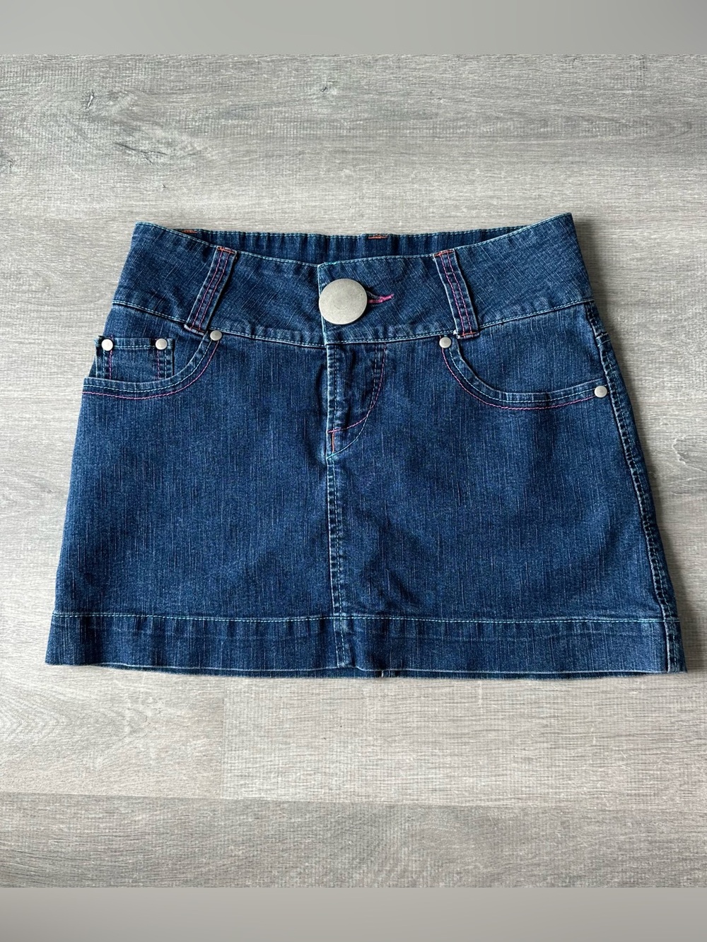 Studio Blue Y2K Dark Wash Denim Mini Skirt with Pink Stitch